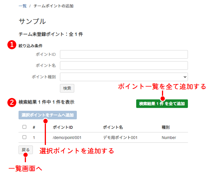 チームポイントの追加画面